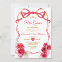 Red Floral Bow Ribbon Gold Crown Girl Mis Quince