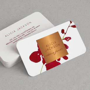 Red floral branch glam copper chic wedding planner business card