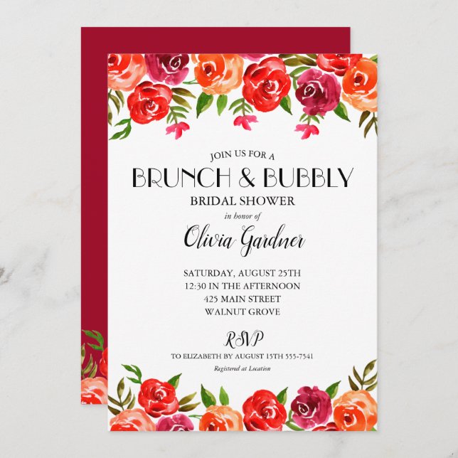 Red Floral Brunch Bubbly Bridal Shower Invitation (Front/Back)