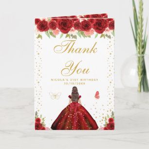 Red Floral Brunette Hair Girl Birthday Thank You Card