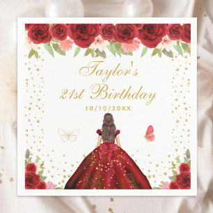 Red Floral Brunette Hair Princess Birthday Party Napkin