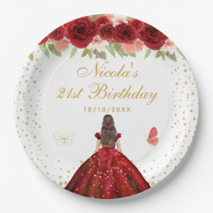 Red Floral Brunette Hair Princess Birthday Party Paper Plate