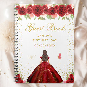 Red Floral Brunette Hair Princess Guest Book