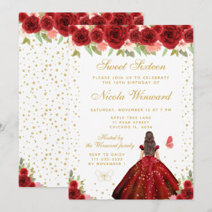 Red Floral Brunette Hair Princess Sweet Sixteen Invitation