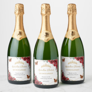 Red Floral Butterflies Gold Quinceañera Birthday Sparkling Wine Label
