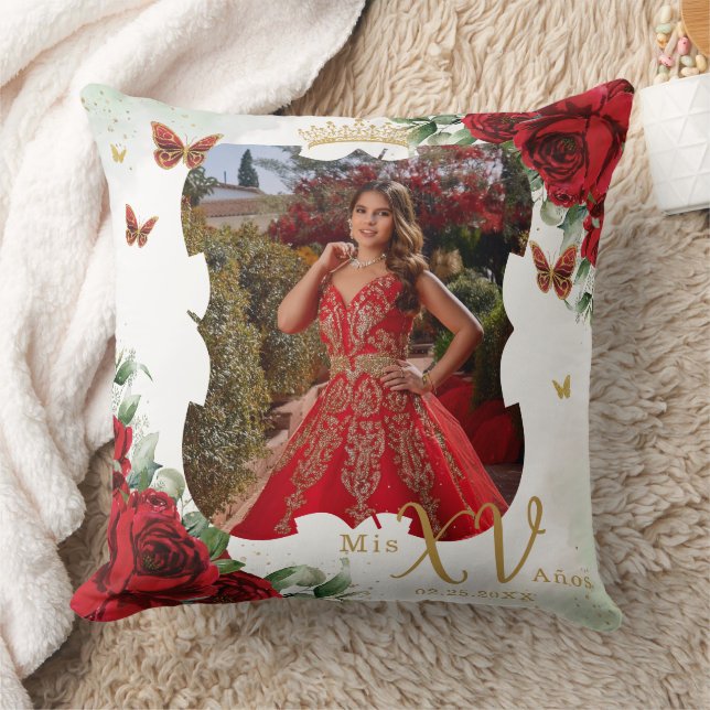 Red Floral Butterflies Picture Quinceañera Memento Throw Pillow (Blanket)