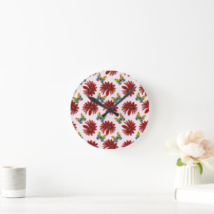 Red Floral Butterfly Pattern   Bold Daisy Flower A Round Clock