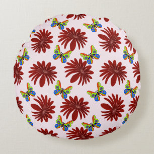 Red Floral Butterfly Pattern   Bold Daisy Flower A Round Pillow