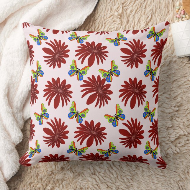 Red Floral Butterfly Pattern | Bold Daisy Flower A Throw Pillow (Blanket)