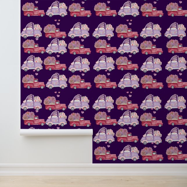 Red Floral Car Gnome Romantic Textured Vinyl Wallpaper (Application)