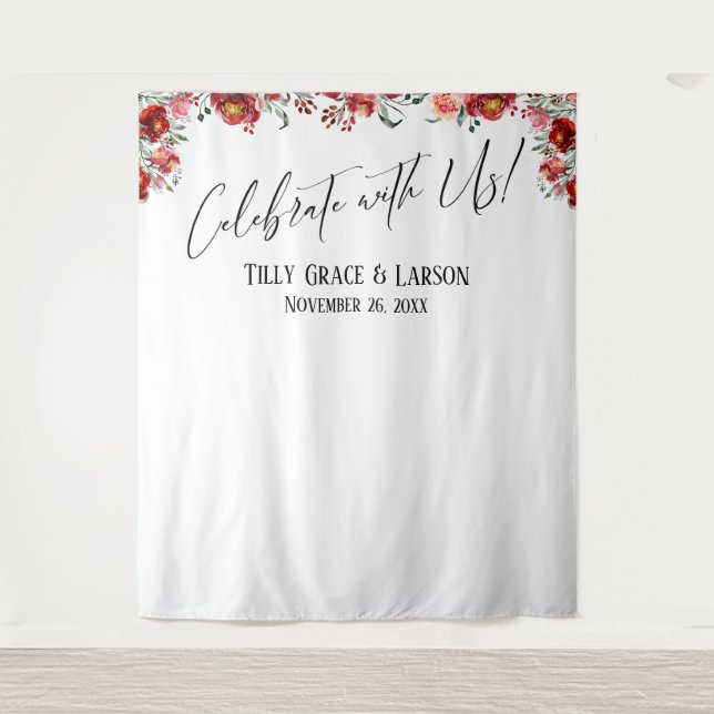 Red Floral Celebrate with Us! Photo Backdrop Tapestry (Front)