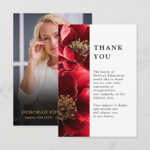 Red Floral Celebration Of Life Funeral Photo Thank You Card