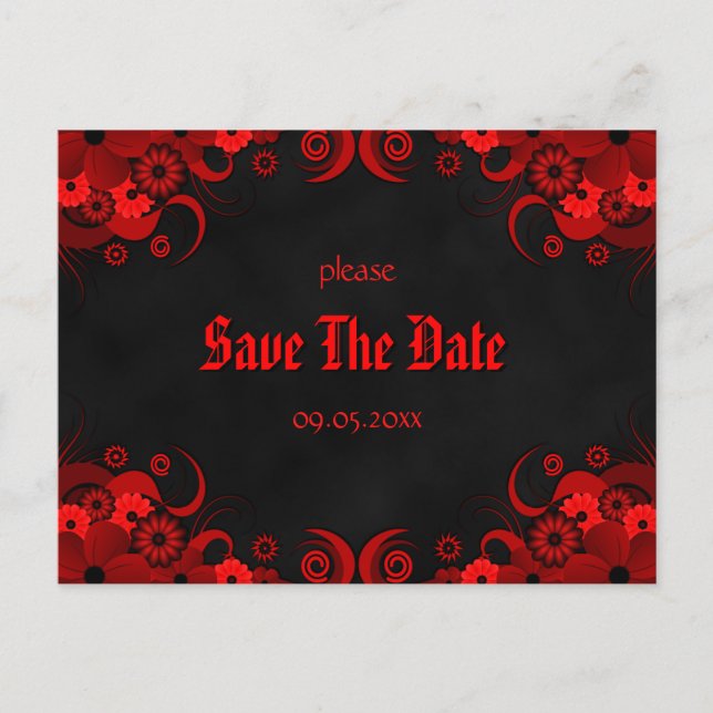 Red Floral Chalkboard Goth Save The Date Postcards (Front)