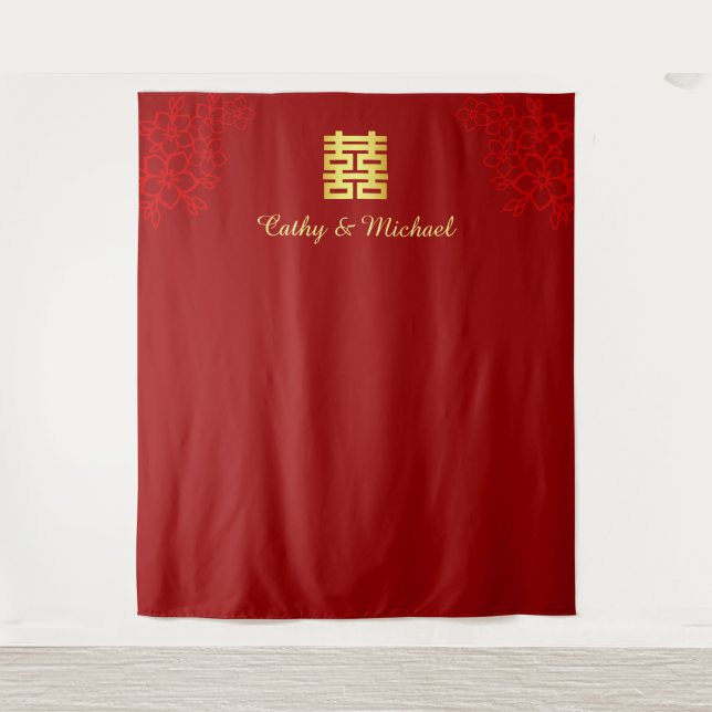 Red floral Chinese wedding photo backdrop Tapestry (Front)