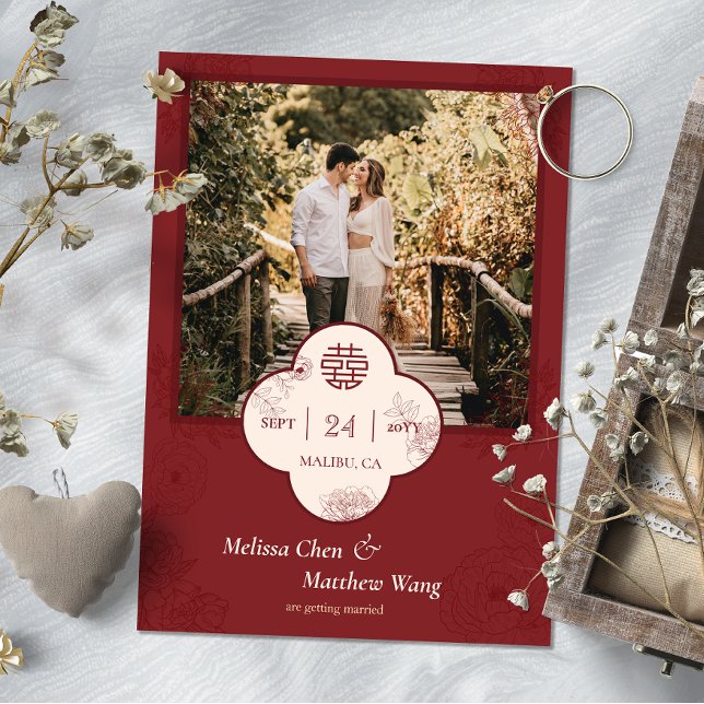 Red Floral Chinese Wedding Photo Save the Date (Red Floral Chinese Wedding Photo Save the Date)