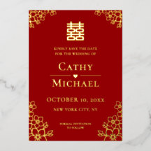Red floral Chinese wedding save the date