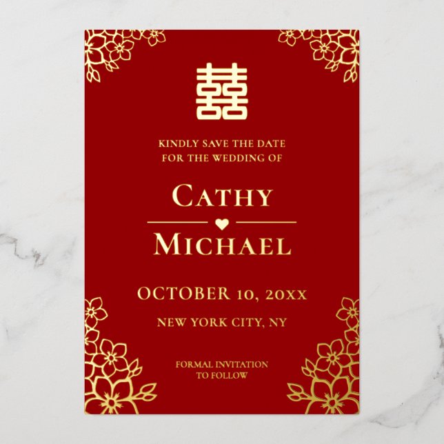 Red floral Chinese wedding save the date (Front)