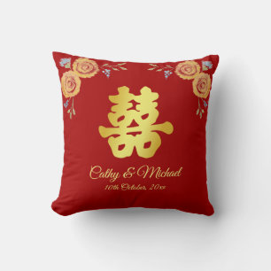 Red floral Chinese wedding tea ceremony Throw Pillow