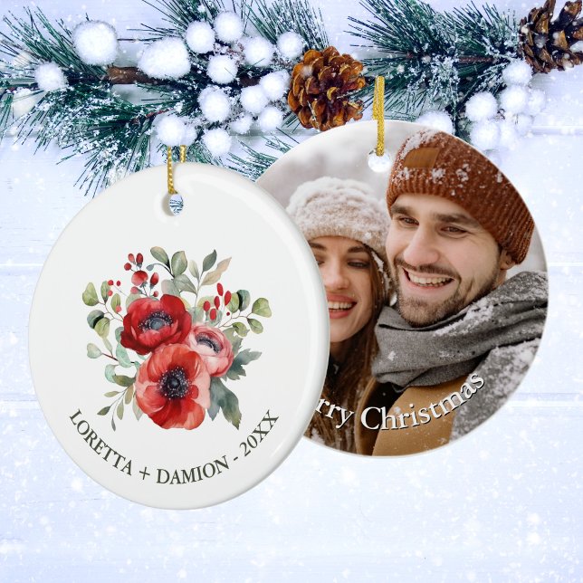 Red Floral Christmas Ceramic Ornament (Creator Uploaded)
