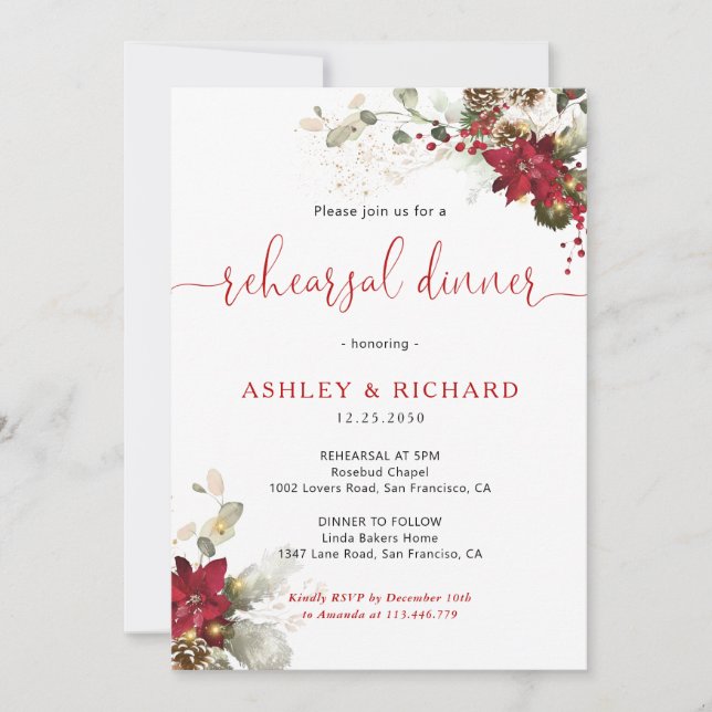 Red Floral Christmas Dinner Wedding Invitation (Front)