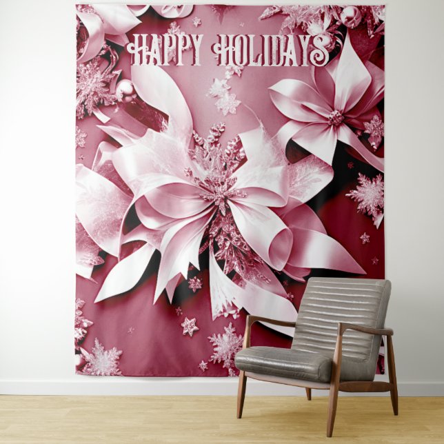 Red Floral Christmas Holiday Backdrop Tapestry (In Situ)