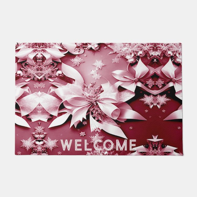 Red Floral Christmas Holiday Doormat (Front)