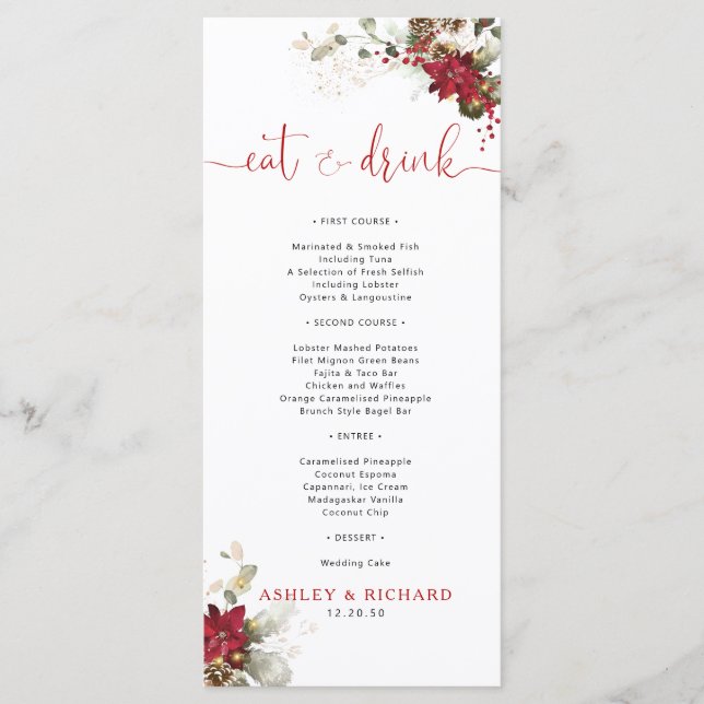 Red Floral Christmas Wedding Menu  (Front)