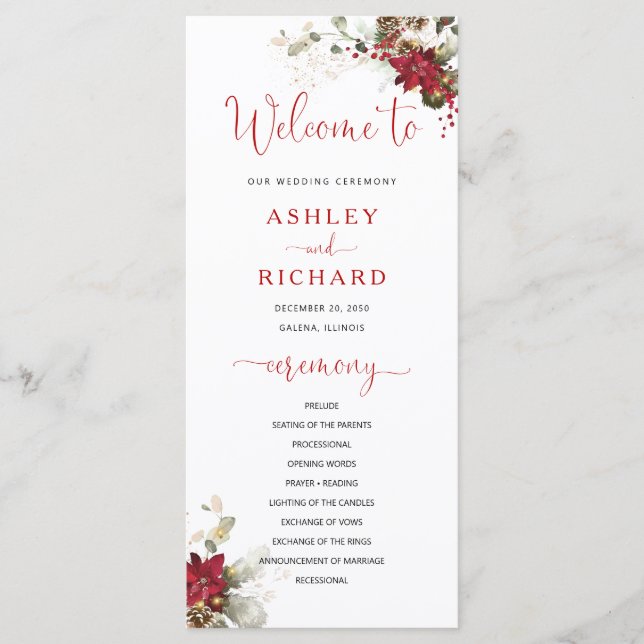 Red Floral Christmas Wedding Program (Front)