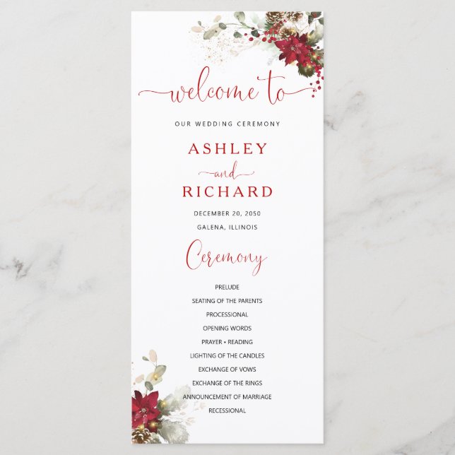 Red Floral Christmas Wedding Program (Front)