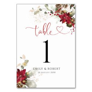 Red Floral Christmas Wedding Table Number Card