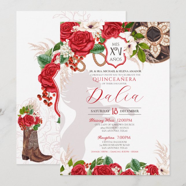 Red Floral Crest Rose Charro Quinceañera Invitation (Front/Back)