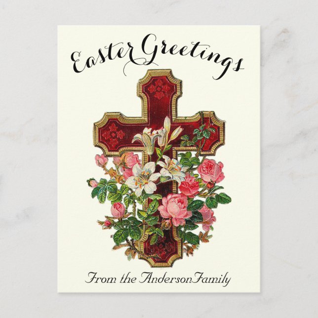 Red Floral Cross Vintage Easter Religious Postcard (Front)