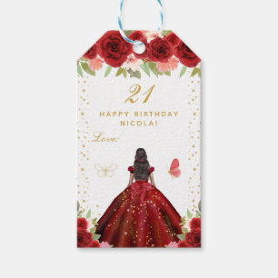 Red Floral Dark Skin Princess Birthday Party Gift Tags