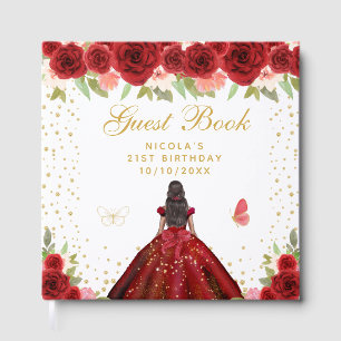 Red Floral Dark Skin Princess Birthday Party Guest Book