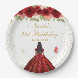 Red Floral Dark Skin Princess Birthday Party Paper Plate