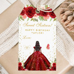 Red Floral Dark Skin Princess Sweet Sixteen Gift Tags<br><div class="desc">This elegant and glamourous sweet sixteen birthday gift tag can be personalized with a name. The design features a beautiful princess with dark hair and dark skin in a red ball gown. The text combines handwritten script and modern sans serif fonts for a classy and sophisticated look. The floral arrangements,...</div>