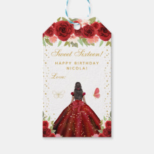 Red Floral Dark Skin Princess Sweet Sixteen Gift Tags