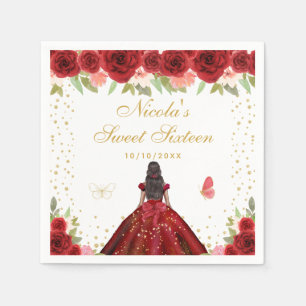 Red Floral Dark Skin Princess Sweet Sixteen Napkin