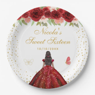 Red Floral Dark Skin Princess Sweet Sixteen Paper Plate