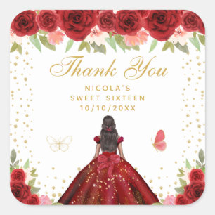 Red Floral Dark Skin Princess Sweet Sixteen Square Sticker
