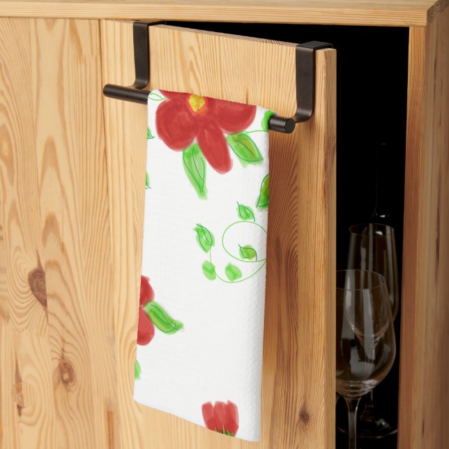 Red Floral Designer Kitchen Towel (Thirds Fold)