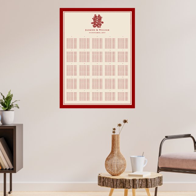Red Floral Double Happiness Chinese Seating Chart (Living Room 3)