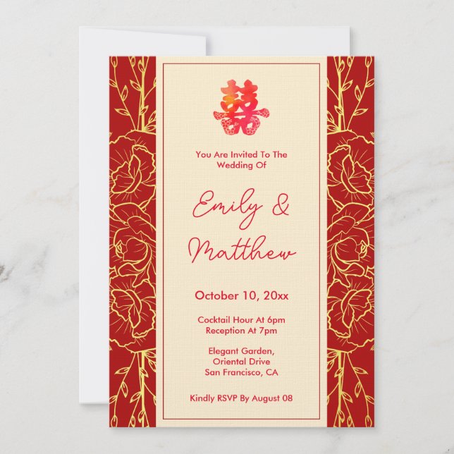 Red  floral double happiness Chinese wedding Invitation (Front)