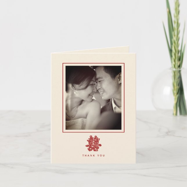Red Floral Double Happiness Chinese Wedding Photo Thank You Card (Front)