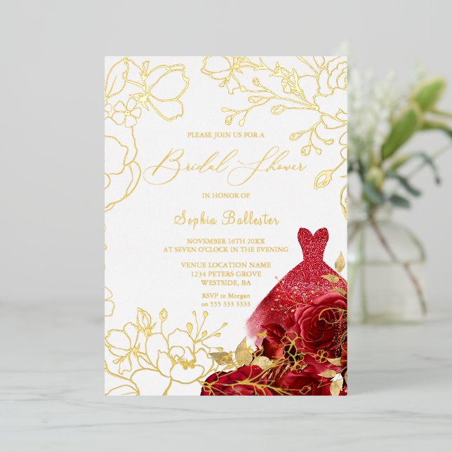 Red Floral & Dress Bridal Shower Gold Leaves (Standing Front)