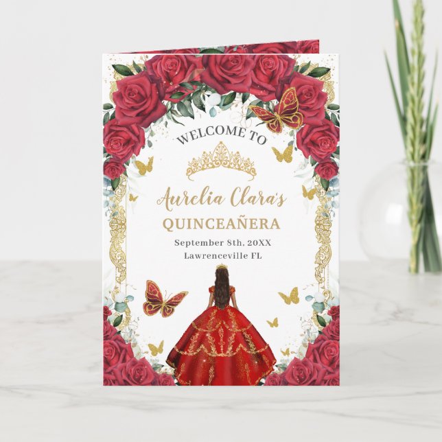 Red Floral Dress Gold Quinceañera Order of Events Program (Front)