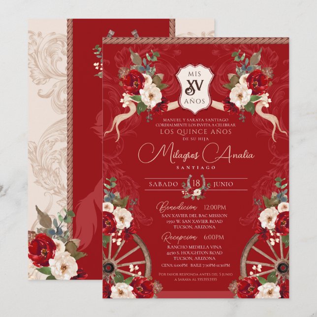 Red Floral Elegant Baroque Charro Quinceanera Invitation (Front/Back)