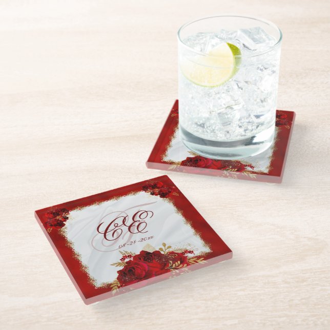 Red Floral Elegant Gold Wedding Monogram Glass Coaster (Angled)