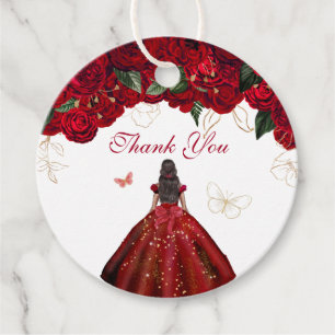 Red Floral Elegant Roses Butterfly Thank You Favour Tags