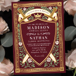 Red Floral Fantasy Swords Shield Monogram Wedding Invitation<br><div class="desc">Invite your wedding guests with this Medieval Fantasy Monogram design. This design is perfect for couples seeking a regal, yet modern-day medieval fantasy aesthetic. Personalize the text, font, and colors to suit your design preferences. Matching Items in our shop for a complete party theme. PLEASE NOTE: the gold in this...</div>